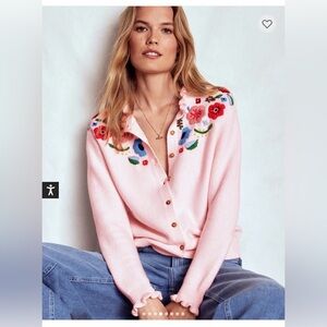 NWT Boden Blooming Pink Floral Embroidered Frill Cardigan Sweater Size M